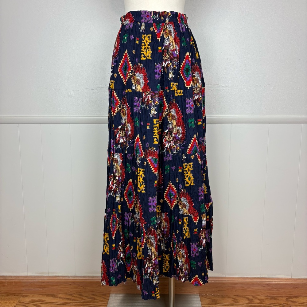 Vintage PullOn Maxi Skirt Tiered Pleated Sz M Southwestern Aztec Native American